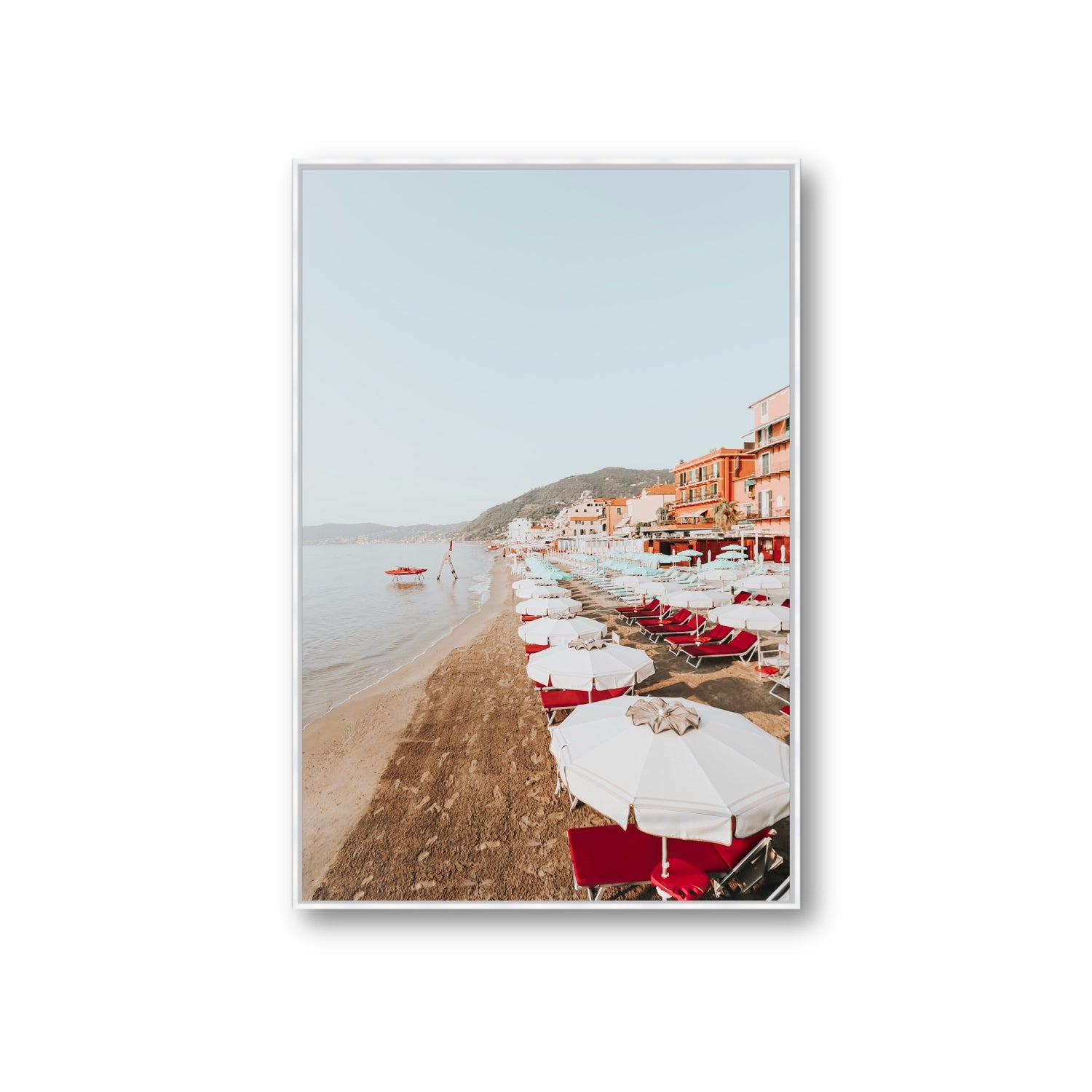 Italian Riviera fine art print, Alassio, Italy, coastal scenes artwork, Giant, White Float Frame, Fine Art Canvas