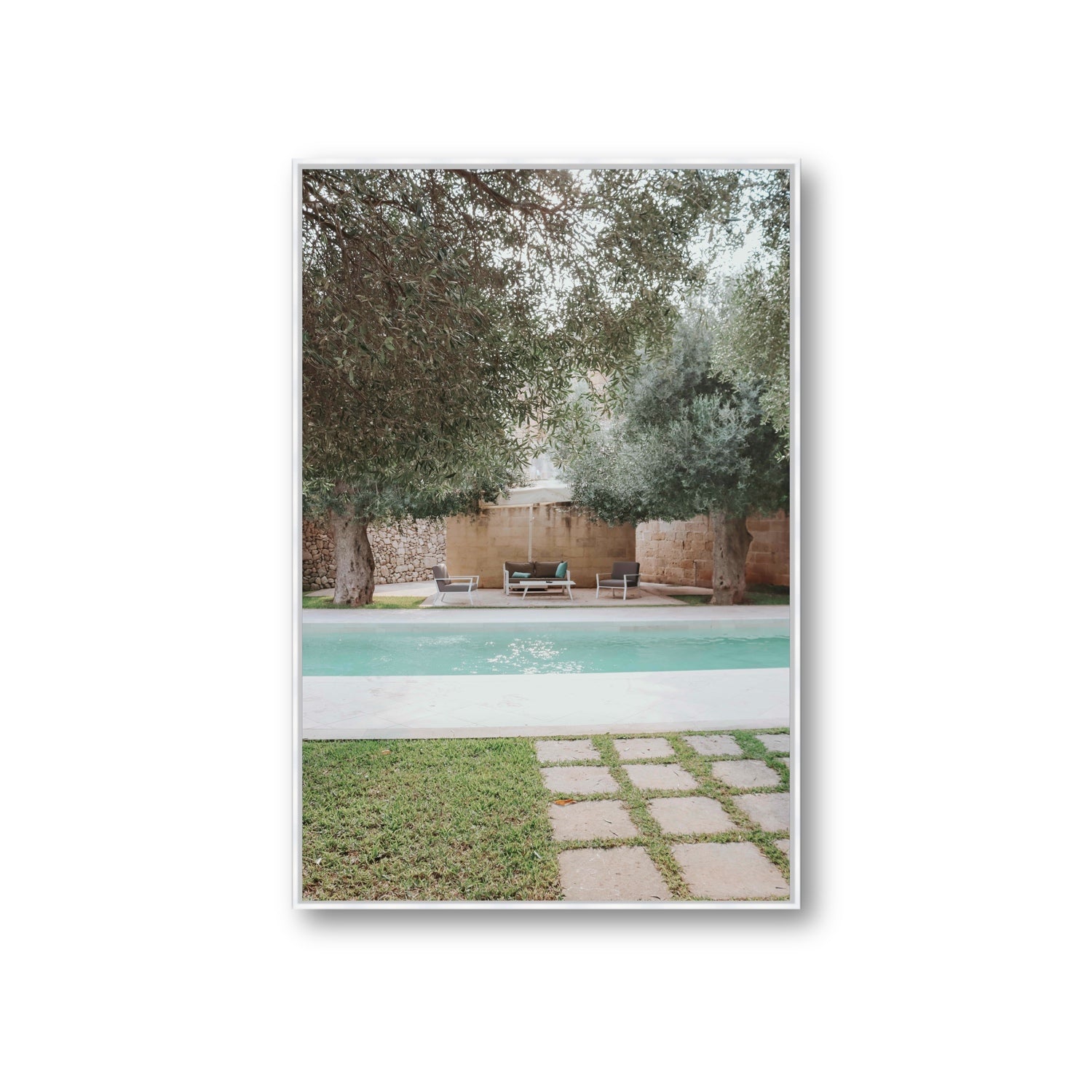 Idyllic Escape Puglia Mediterranean wall art Giant fine art canvas in white float frame
