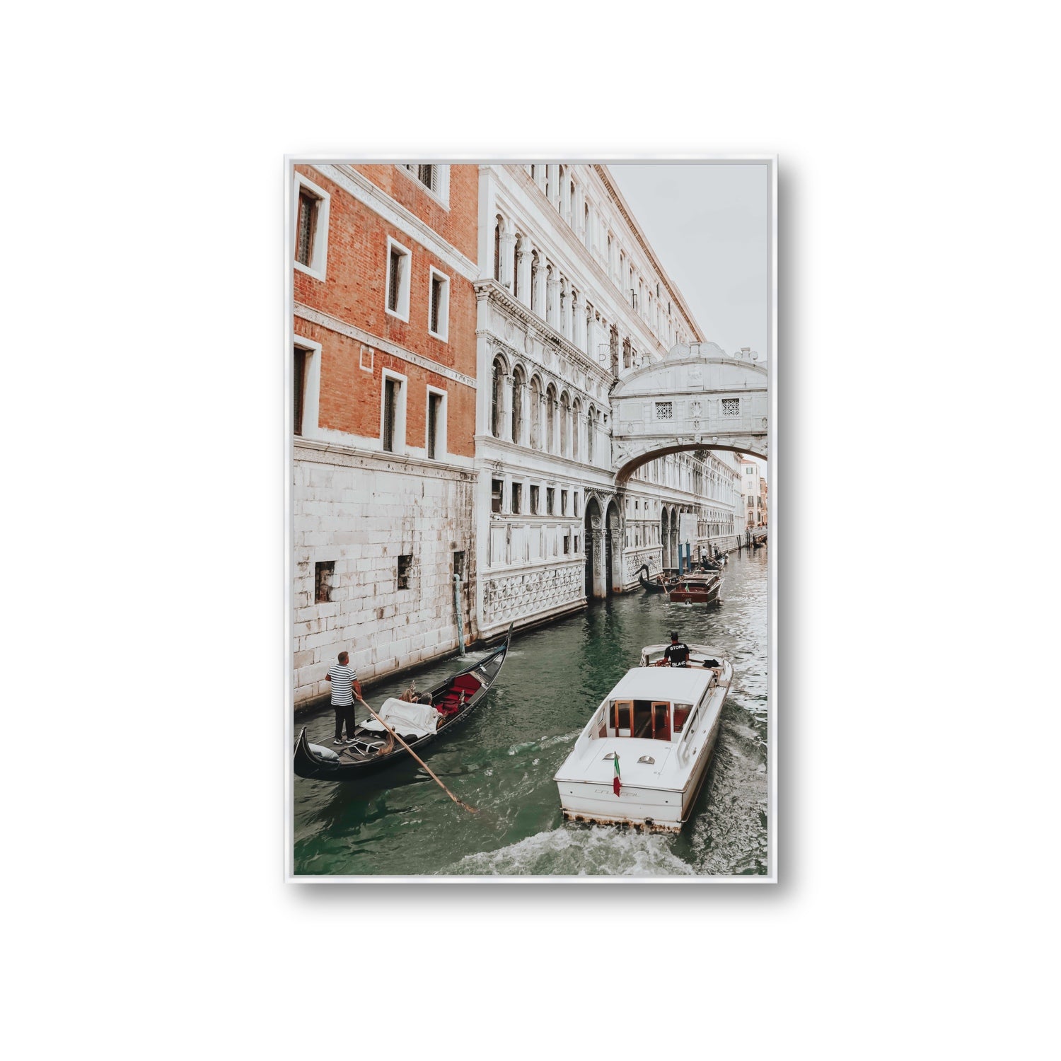 Under the Bridge Venice Gondola Italian wall art Giant fine art canvas in white float frame