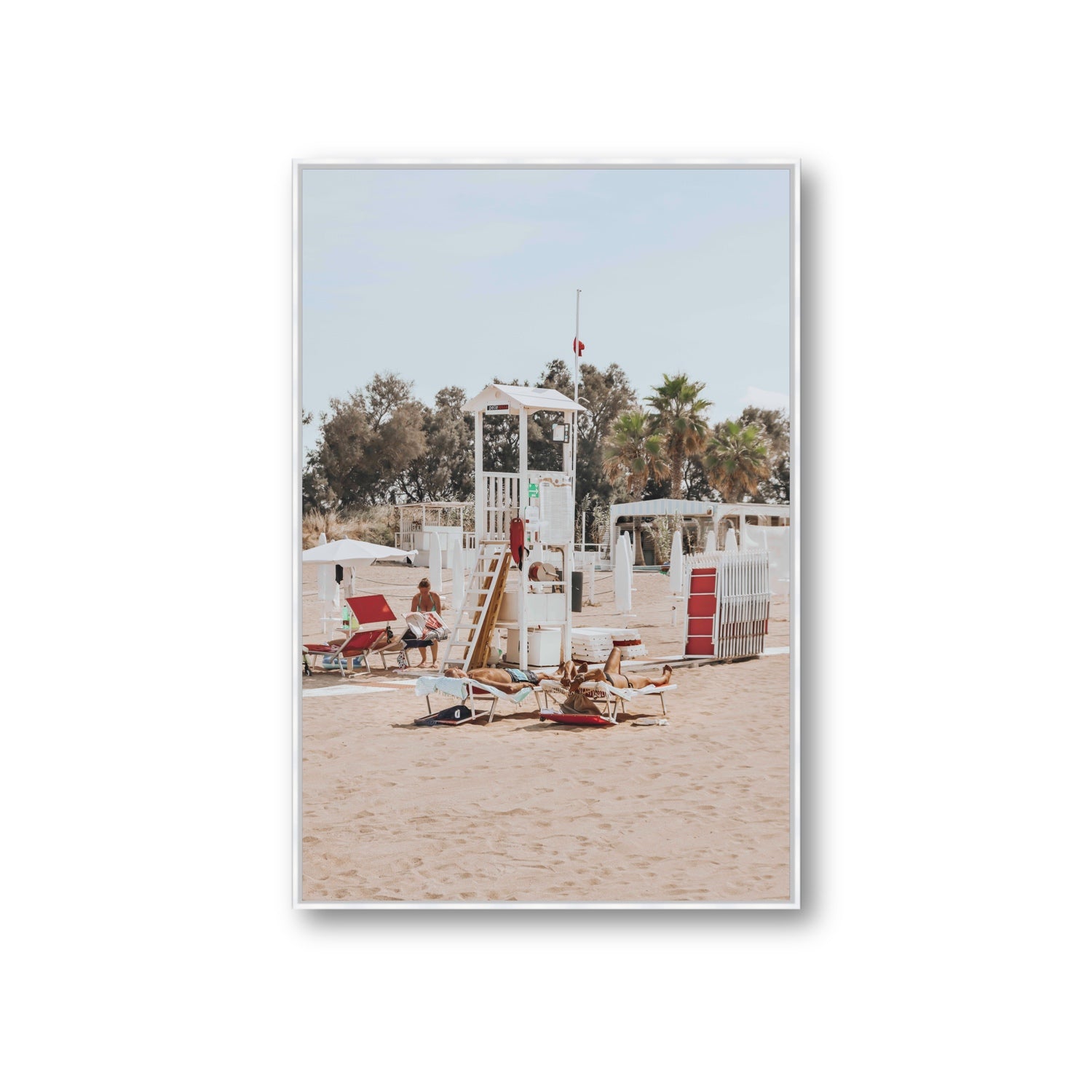 Red Lounge Reverie Puglia beach coastal wall art Giant fine art canvas in white float frame