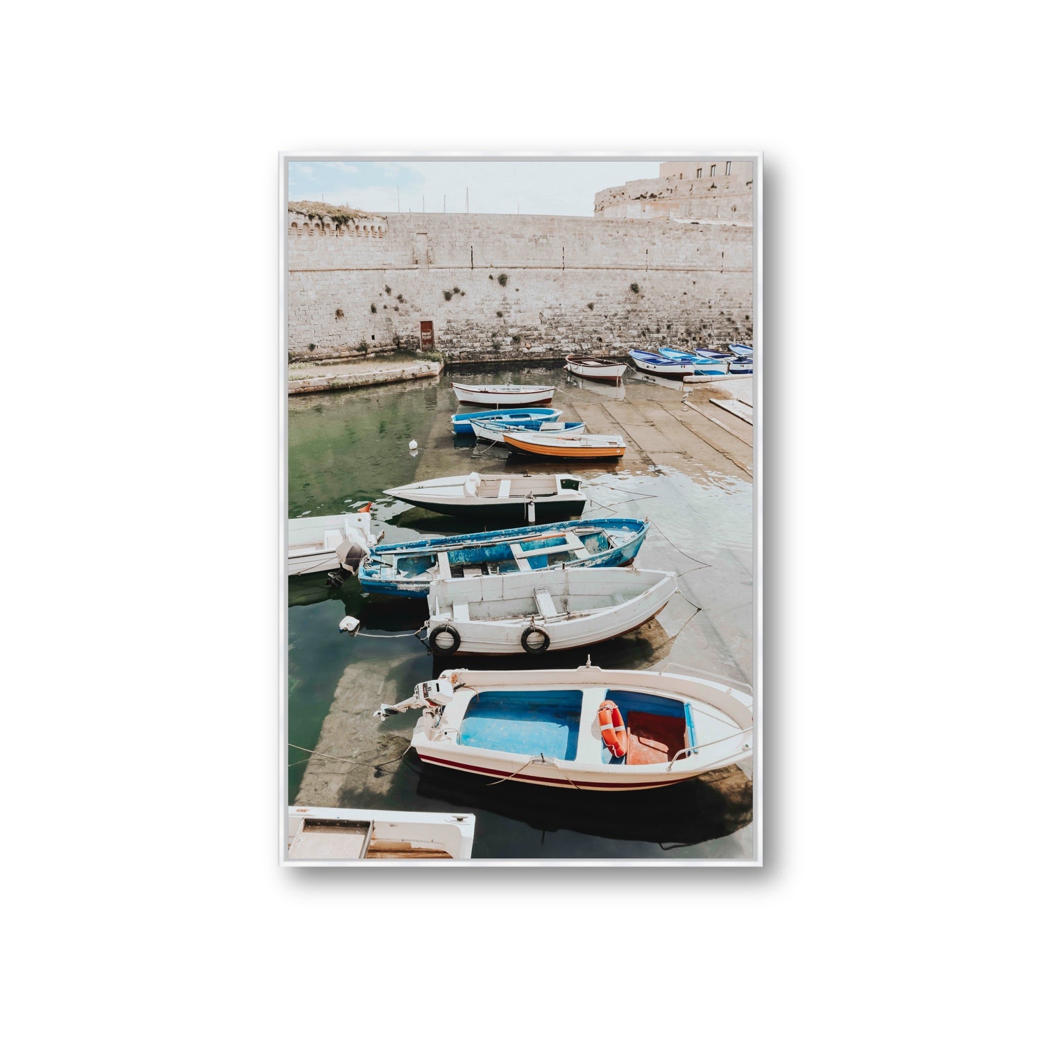 Harbour Palette Puglia coastal photography wall art Giant fine art canvas in white float frame