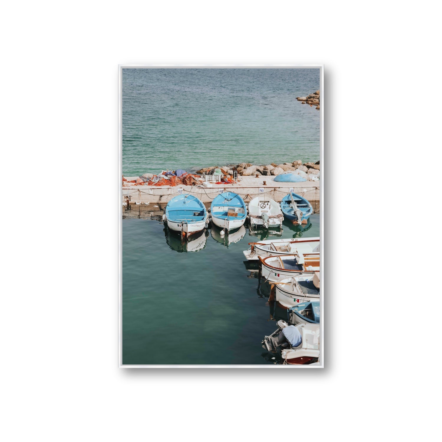 Maritime Memories Puglia Harbour Reflections coastal wall art Giant fine art canvas in white float frame