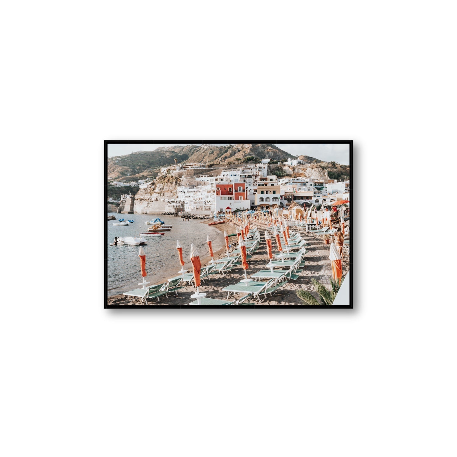 Sole Estivo Ischia Italian coastal wall art Large fine art canvas in black float frame