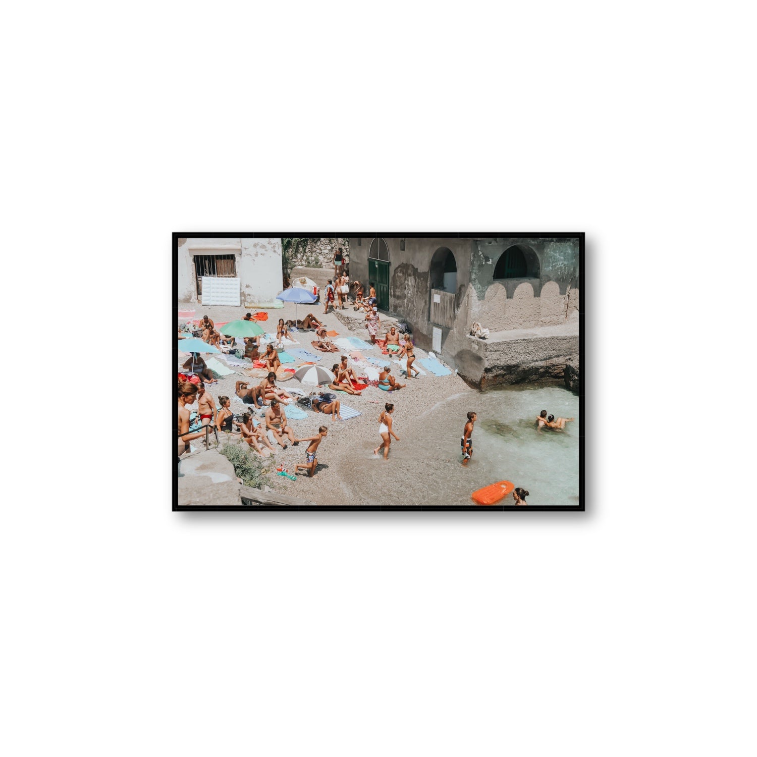 Heatwave Capri beach coastal wall art Large fine art canvas in black float frame