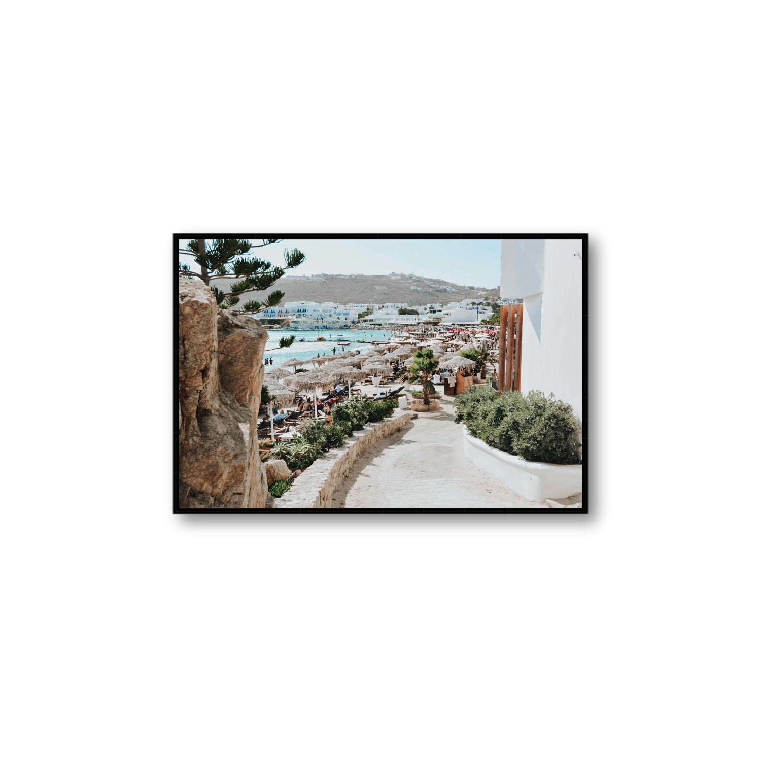 Kalimera Mykonos Greek island wall art Large fine art canvas in black float frame