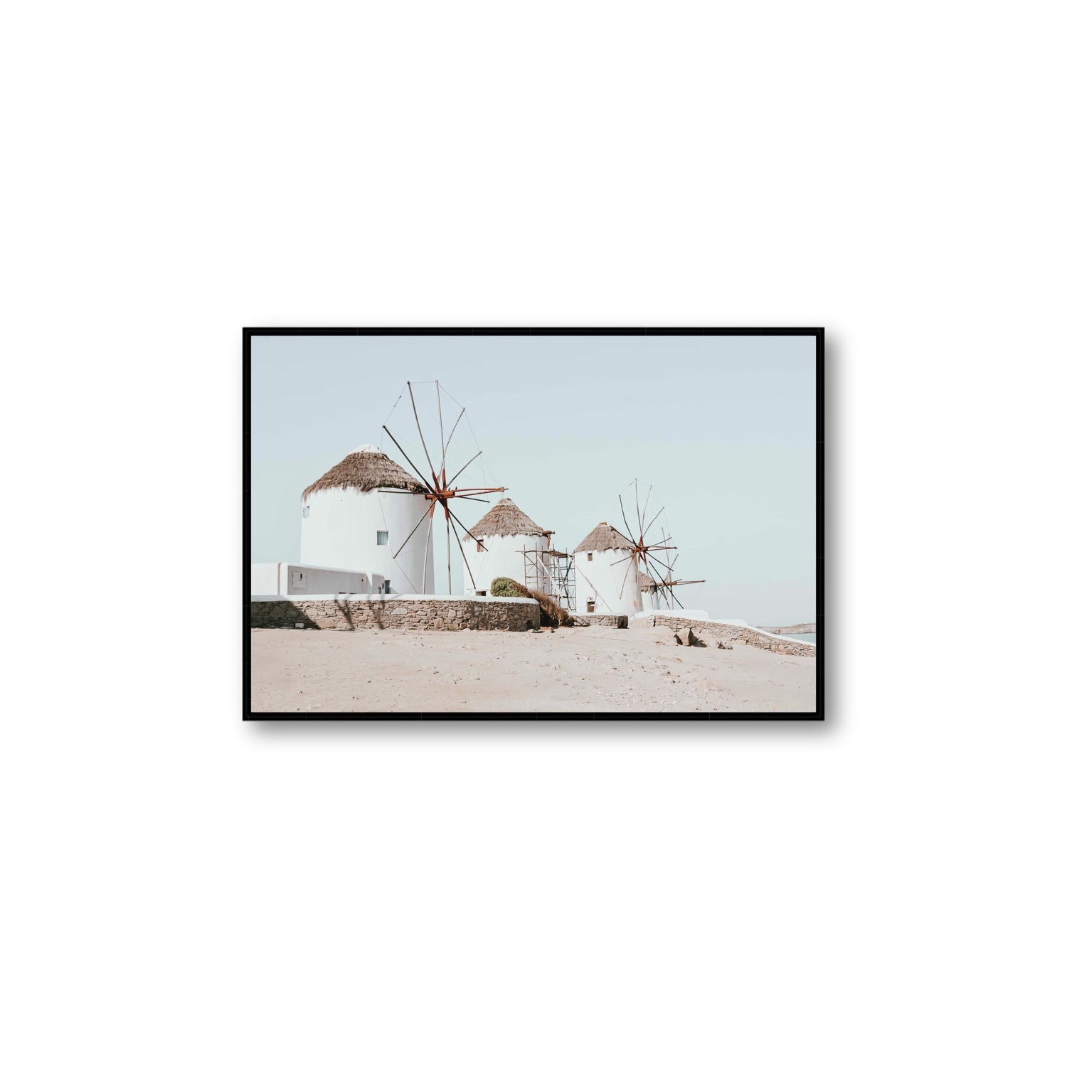 Rustic Icons Mykonos Greek island wall art Large fine art canvas in black float frame