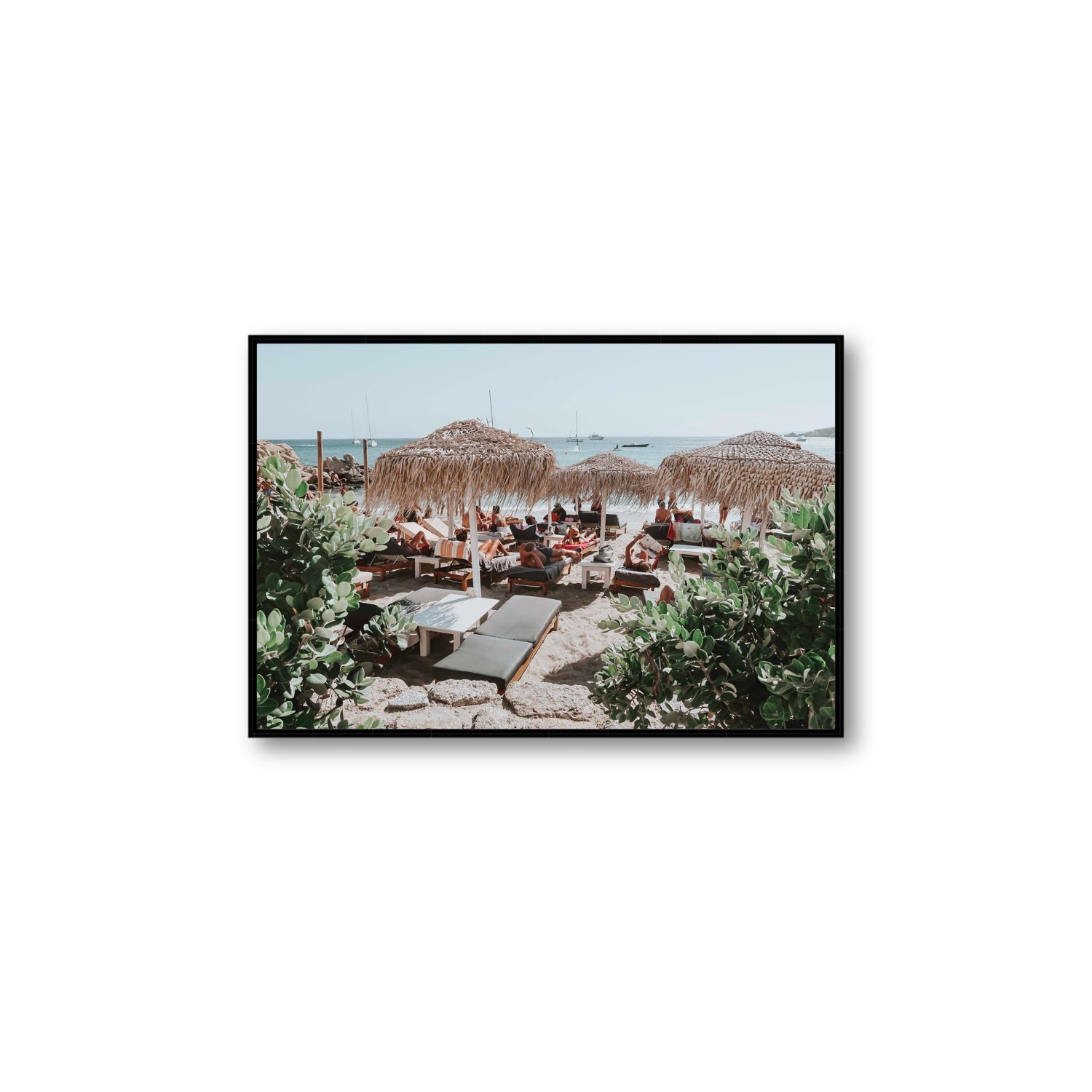 Greek Haven Mykonos Greek island coastal wall art Large fine art canvas in black float frame