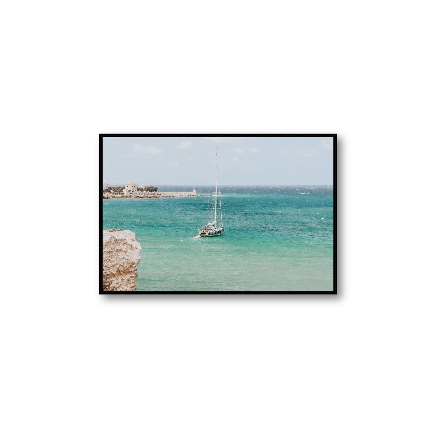 Adriatic Escape Puglia Italian coastal decor wall art Large fine art canvas in black float frame