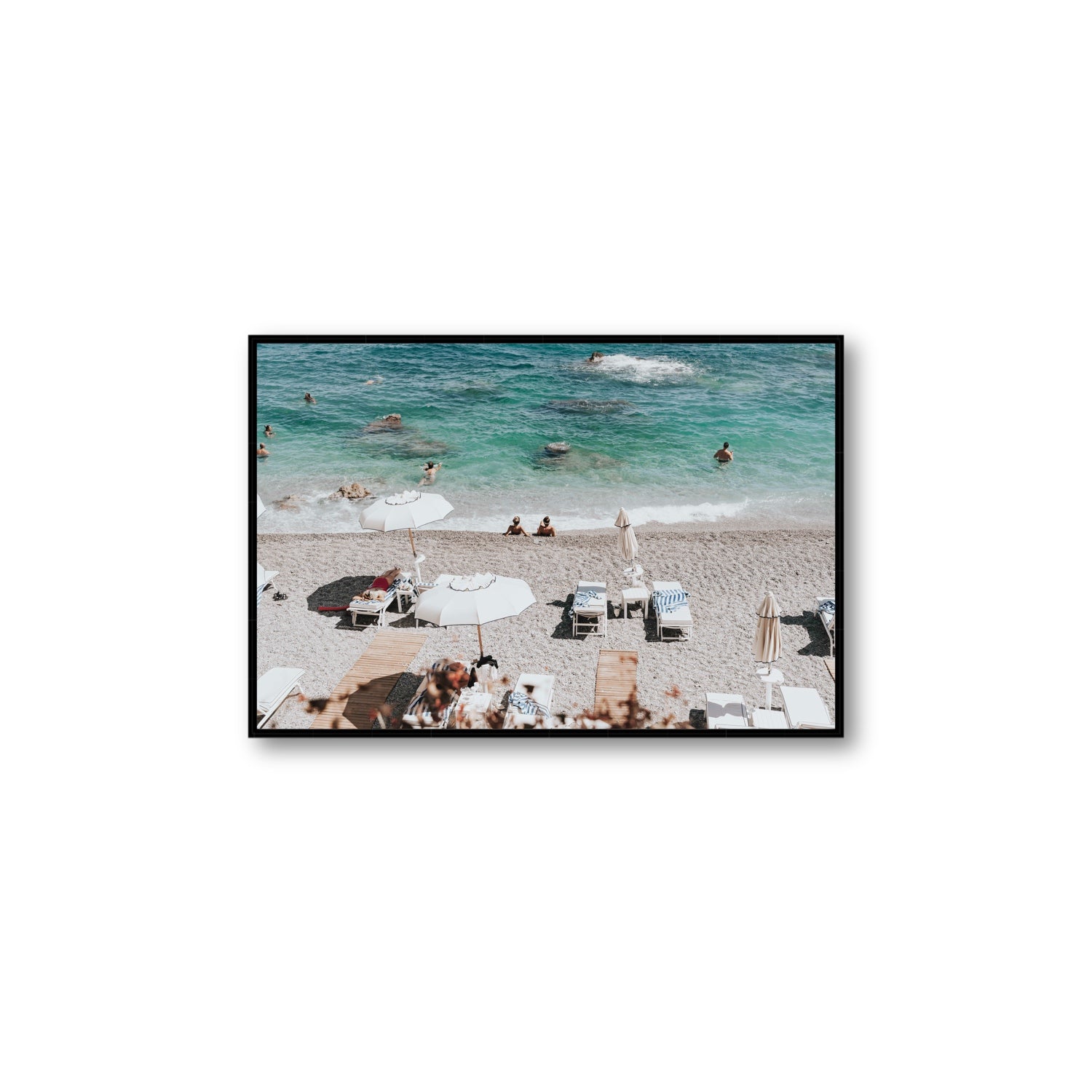 Amicizia Amalfi Italian beach wall art Large fine art canvas in black float frame
