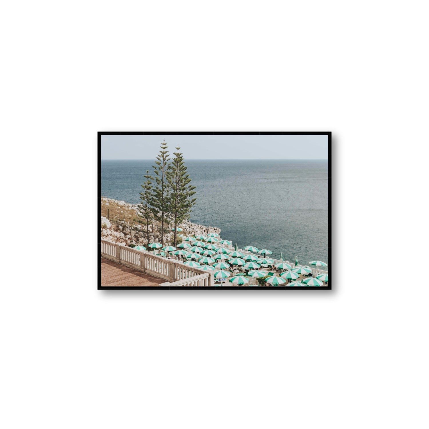 Azure Horizon Puglia beach coastal wall art Large fine art canvas in black float frame