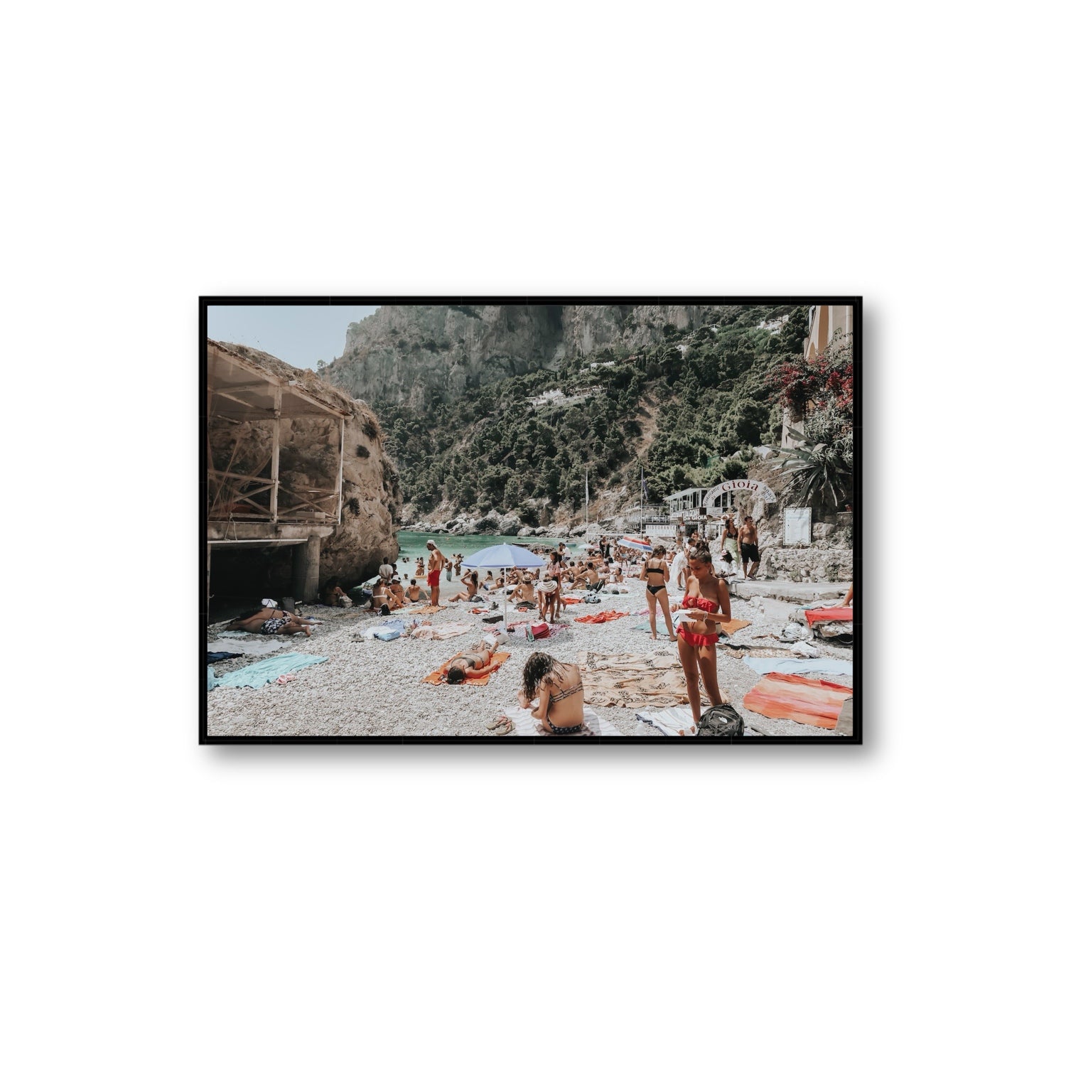 Spiaggia Da Gioia Capri beach coastal wall art Extra Large fine art canvas in black float frame