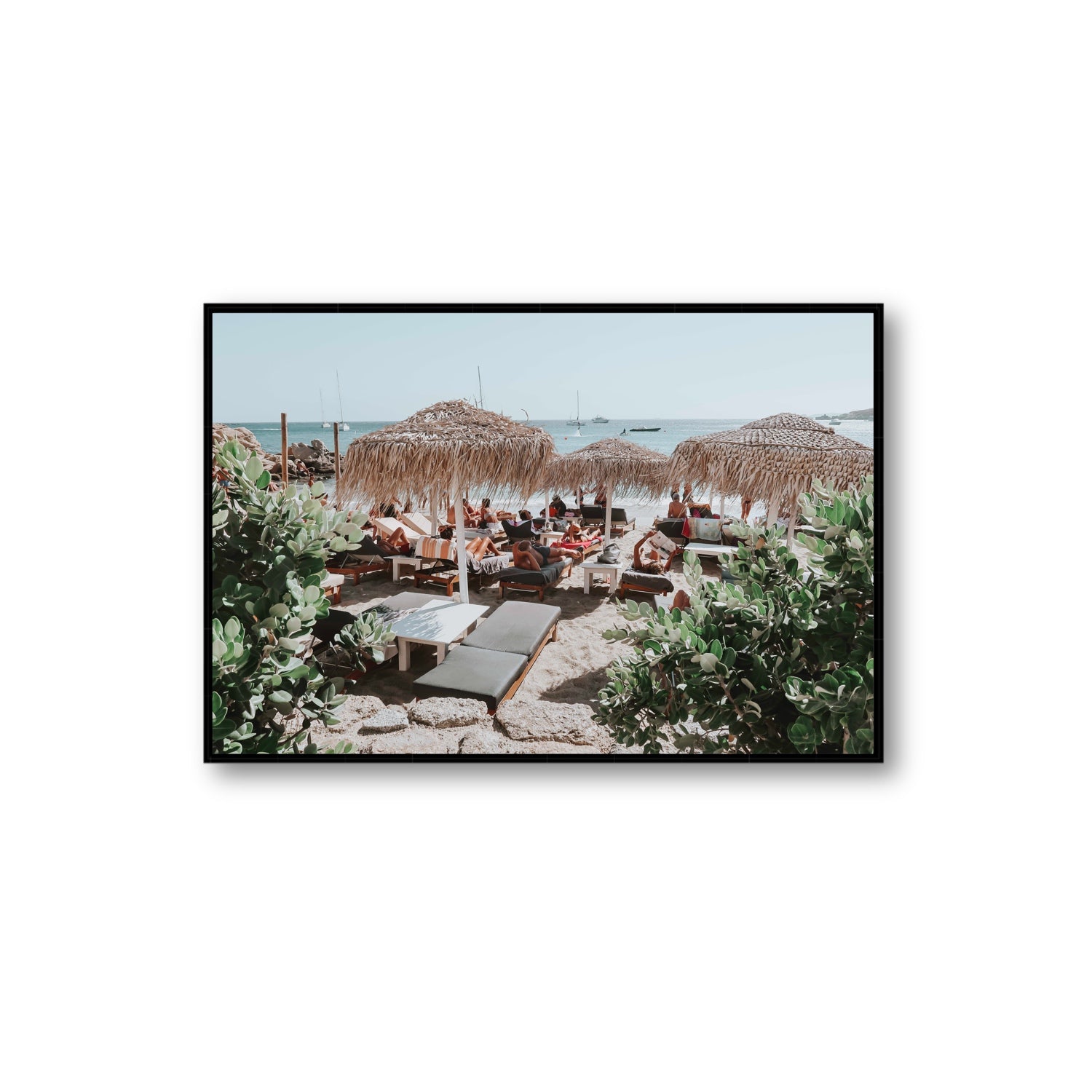 Greek Haven Mykonos Greek island coastal wall art Extra Large fine art canvas in black float frame