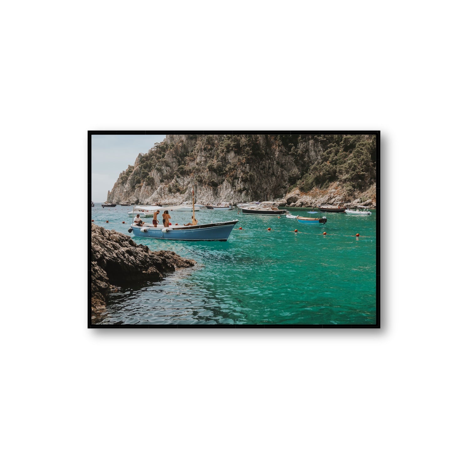 Cozy Cove Capri coastal Mediterranean wall art Extra Large fine art canvas in black float frame