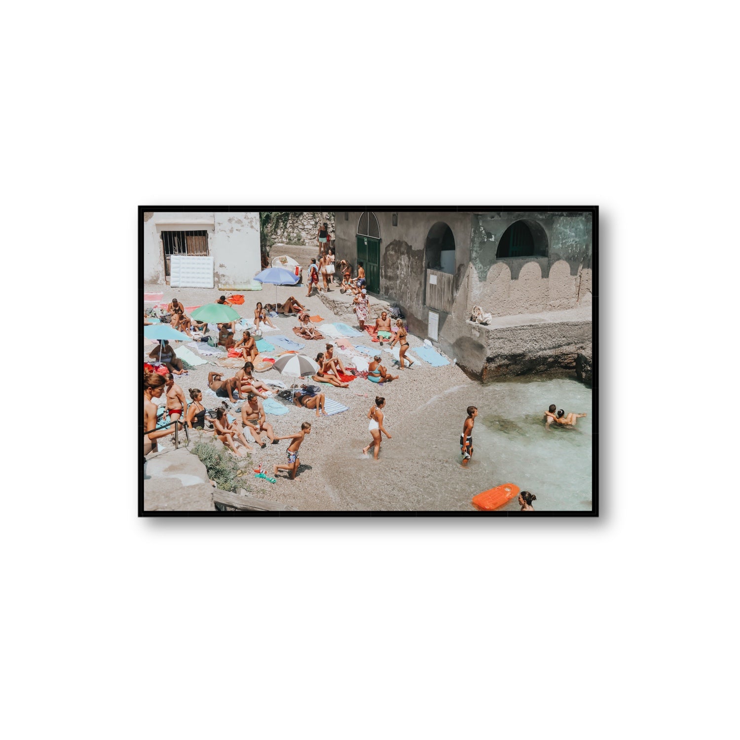 Heatwave Capri beach coastal wall art Extra Large fine art canvas in black float frame