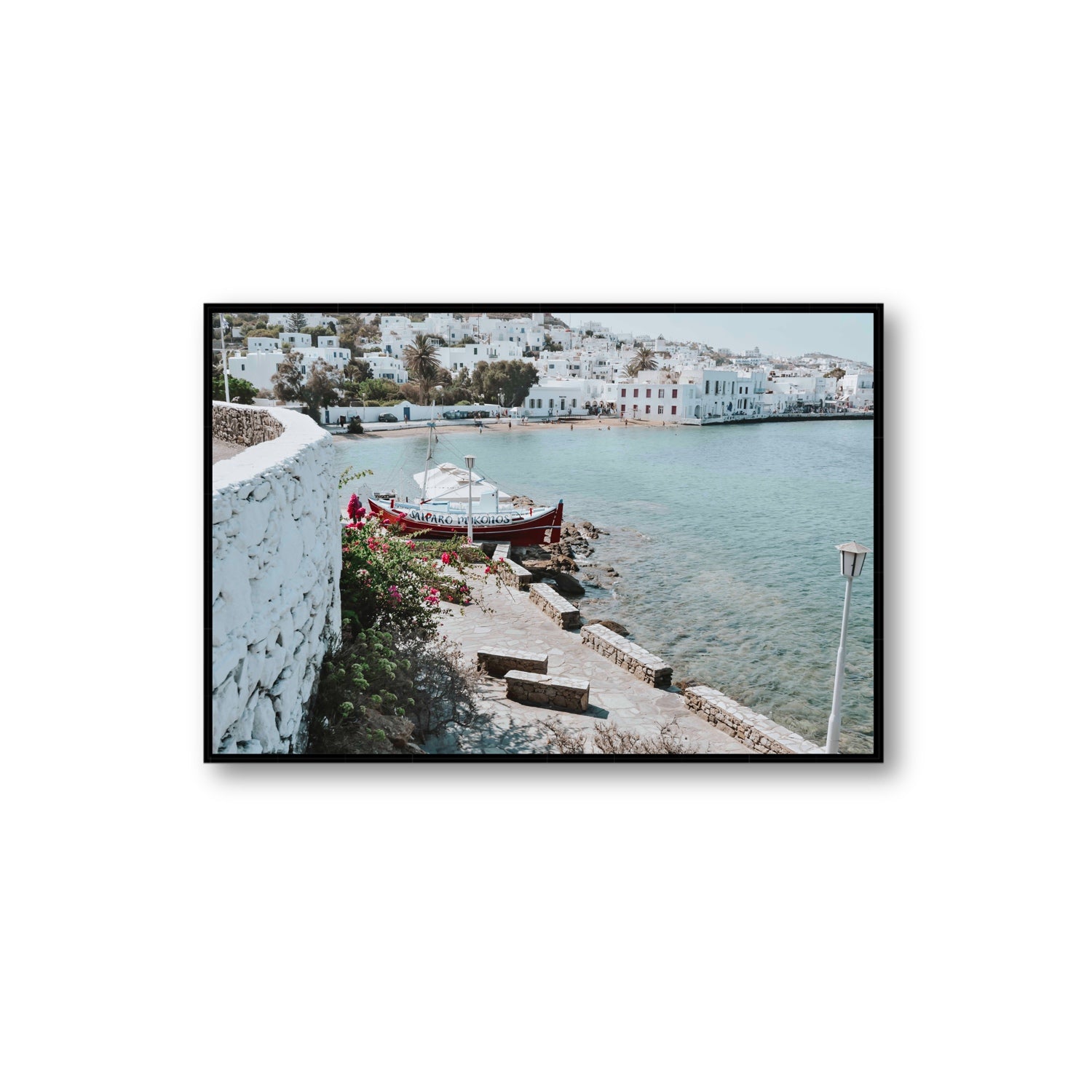 Harika Mykonos Greek island wall art Extra Large fine art canvas in black float frame