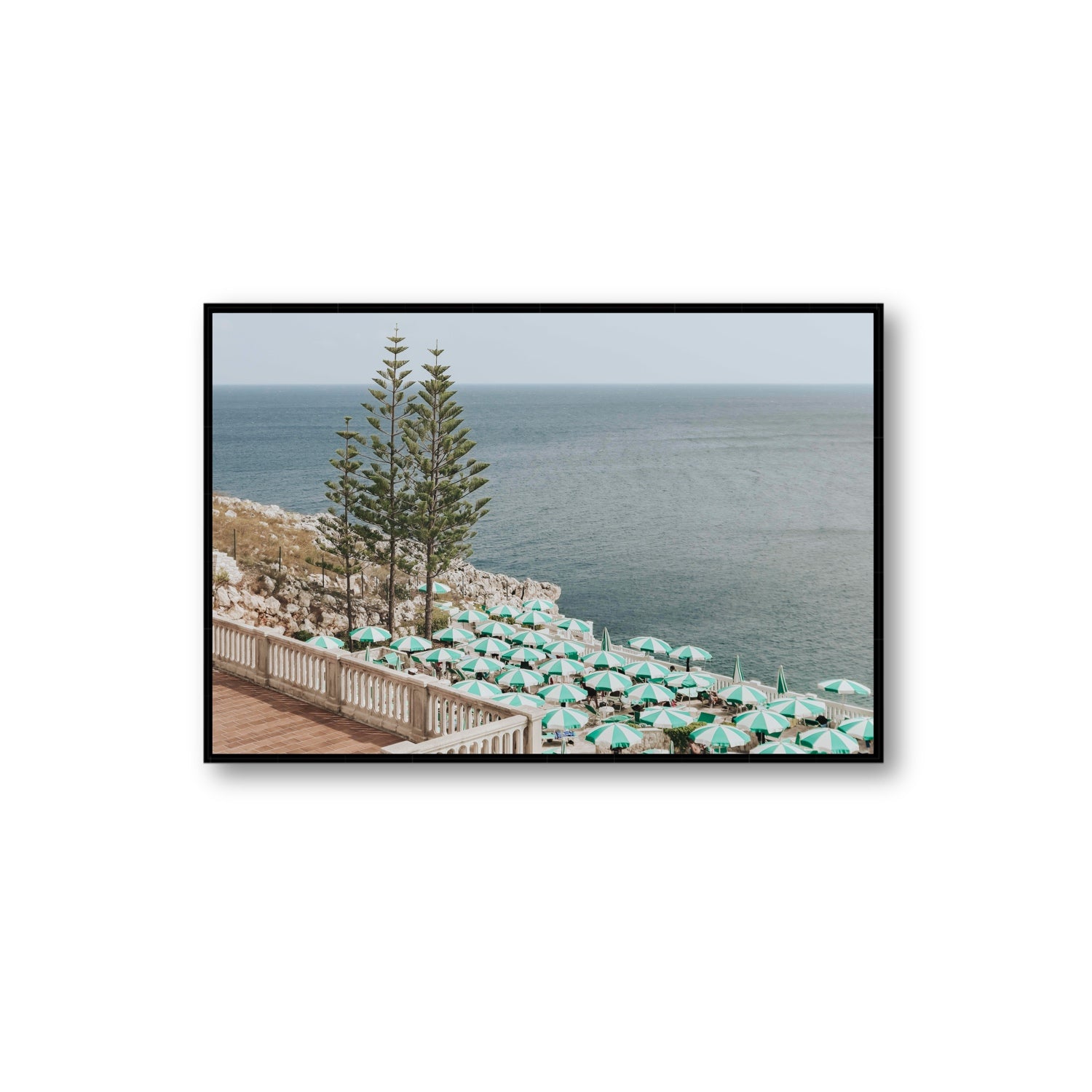 Azure Horizon Puglia beach coastal wall art Extra Large fine art canvas in black float frame