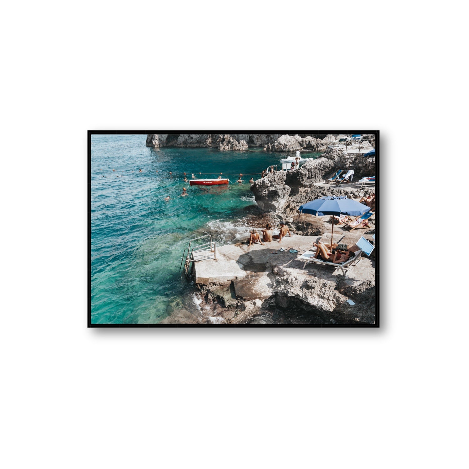 Serenity By The Sea Capri Mediterranean wall art Extra Large fine art canvas in black float frame