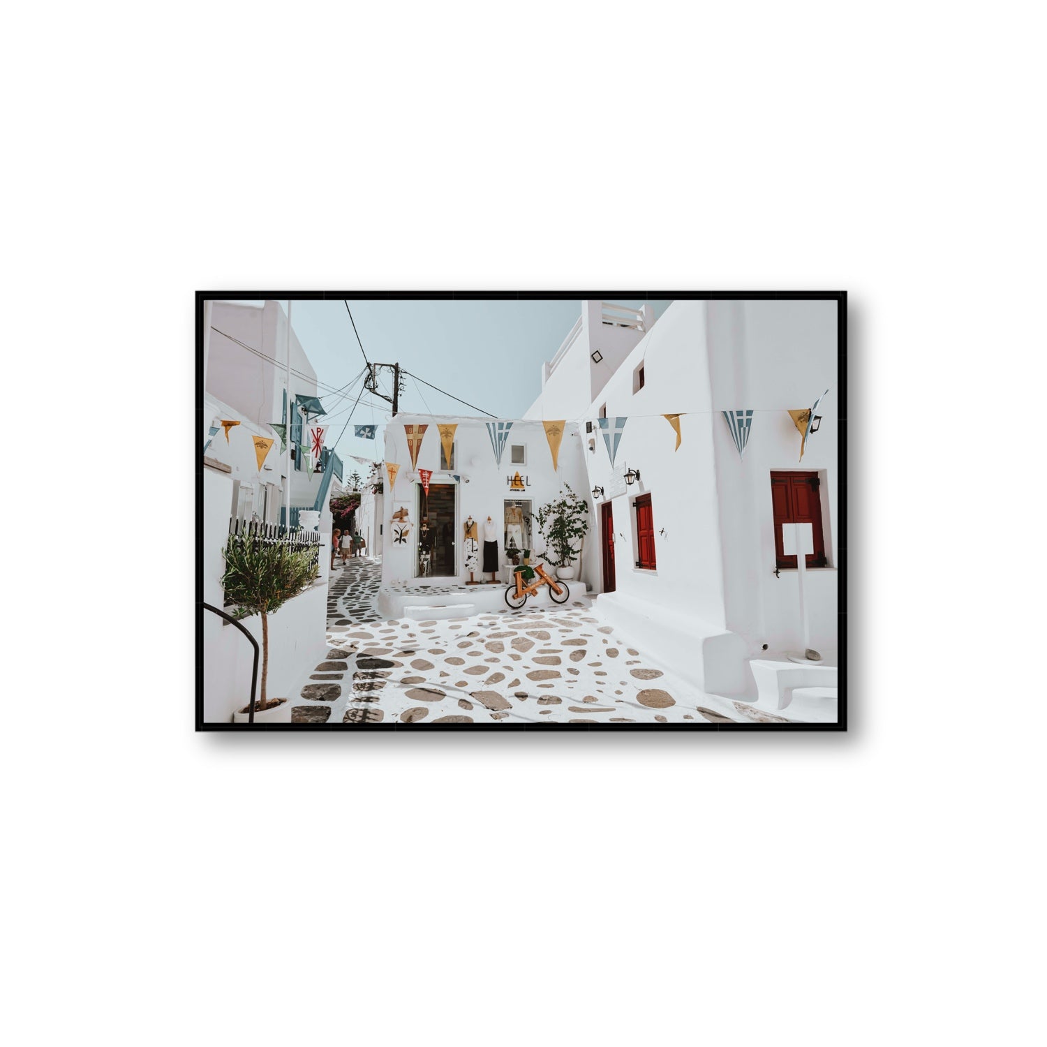 Cruising The Streets Mykonos Greek island wall art Extra Large fine art canvas in black float frame