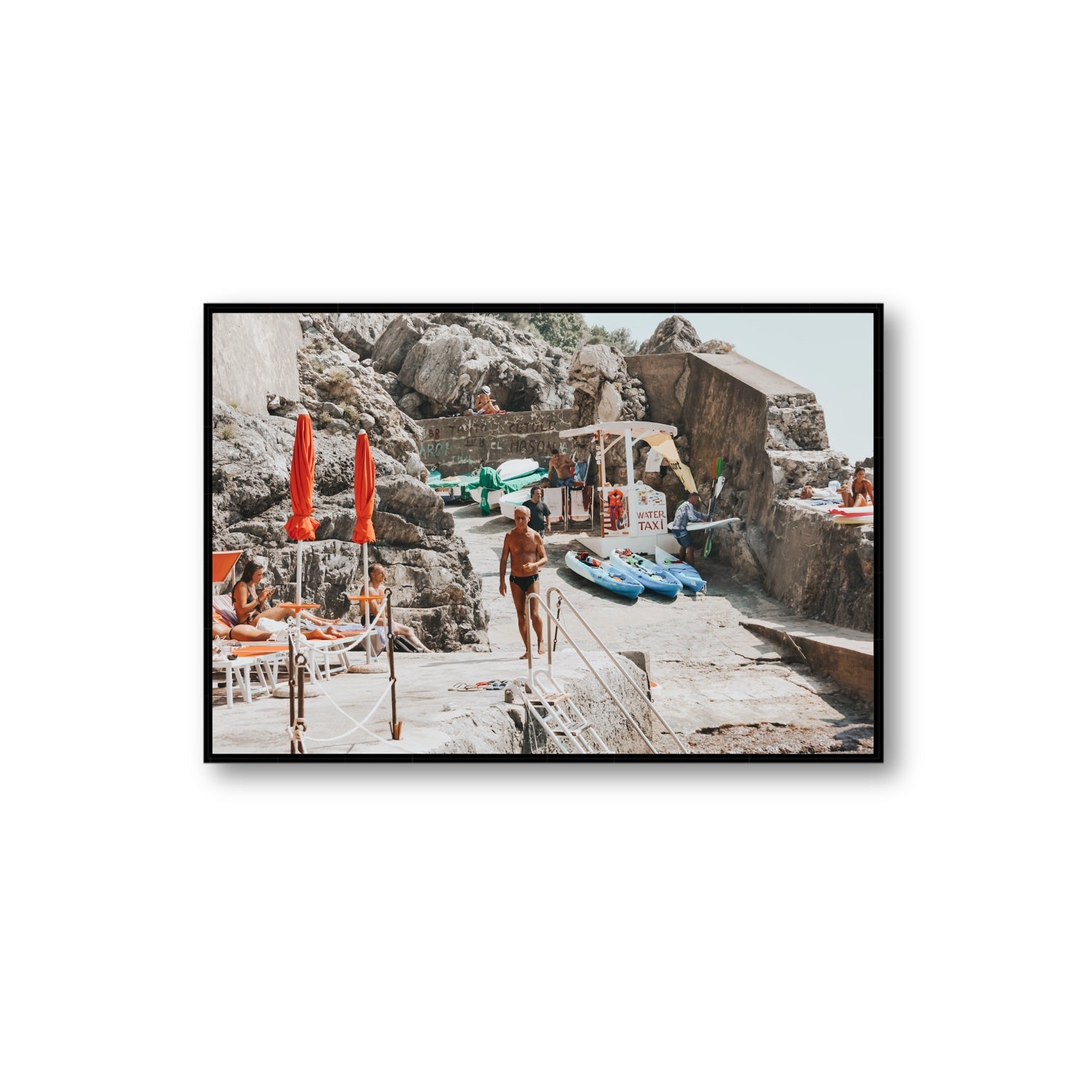The Local Praiano Amalfi Coast Mediterranean wall art Extra Large fine art canvas in black float frame