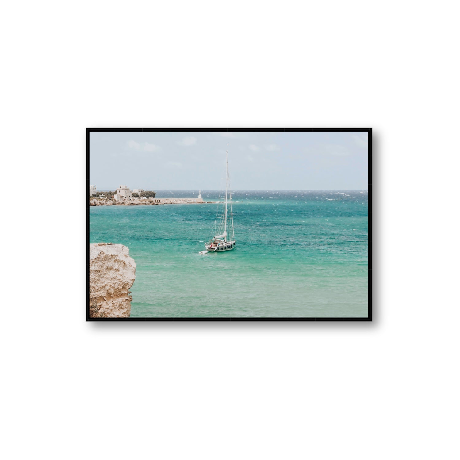 Adriatic Escape Puglia Italian coastal decor wall art Extra Large fine art canvas in black float frame