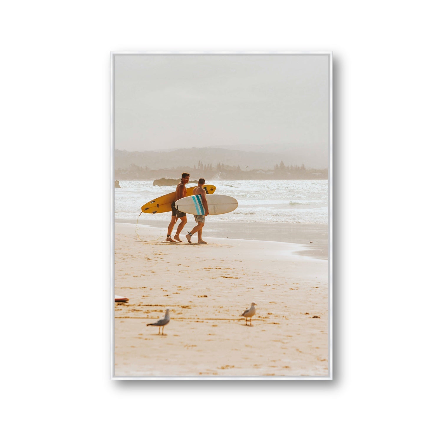 Shane & Benji Byron Bay Surf coastal wall art Gallery fine art canvas in white float frame