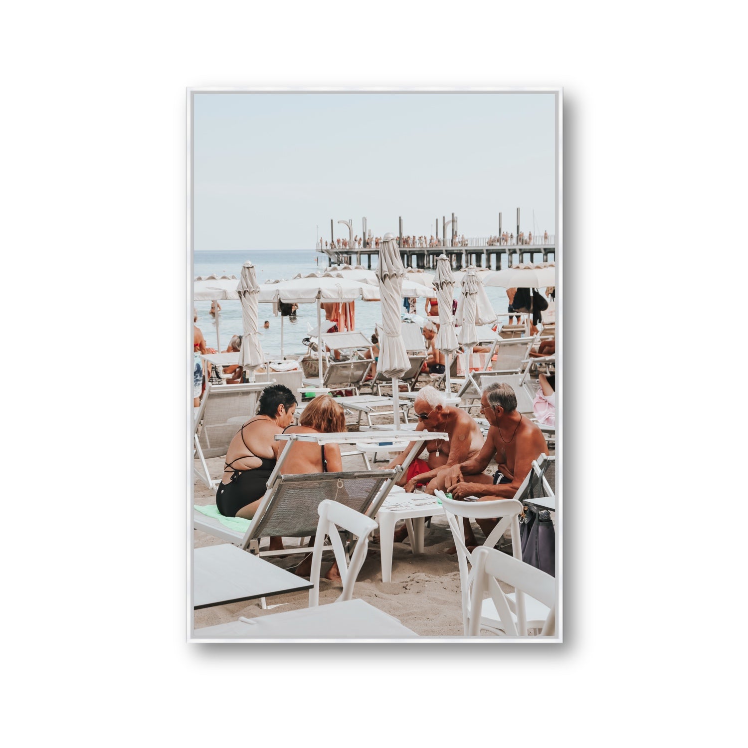 Salted Shuffle fine art print, Alassio, Italy, people and locals artwork, Gallery, White Float Frame, Fine Art Canvas