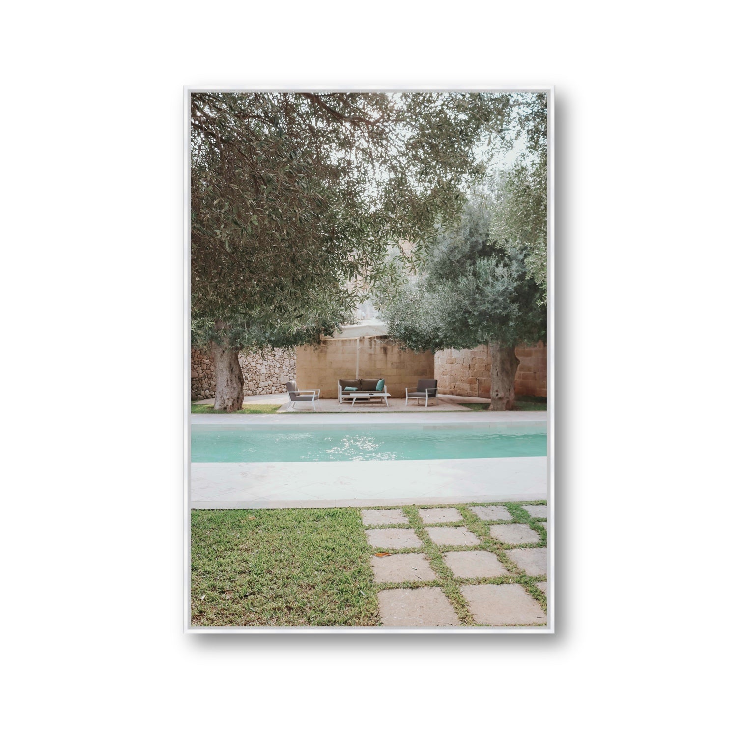 Idyllic Escape Puglia Mediterranean wall art Gallery fine art canvas in white float frame