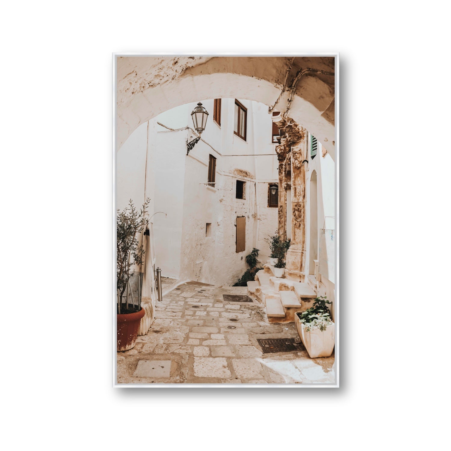 Pathway Wander Puglia Ostuni wall art Gallery fine art canvas in white float frame