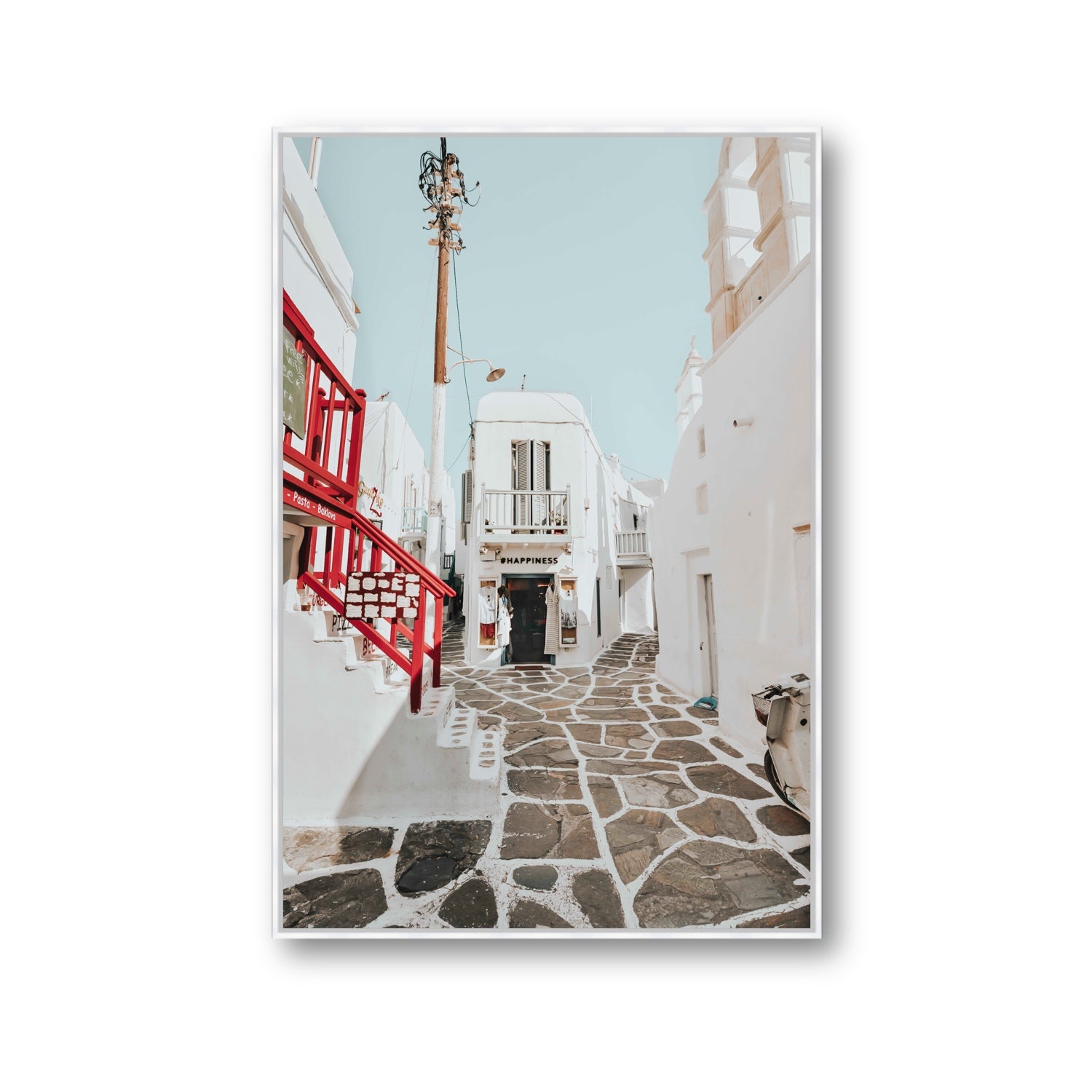 Happiness Mykonos Greek island wall art Gallery fine art canvas in white float frame