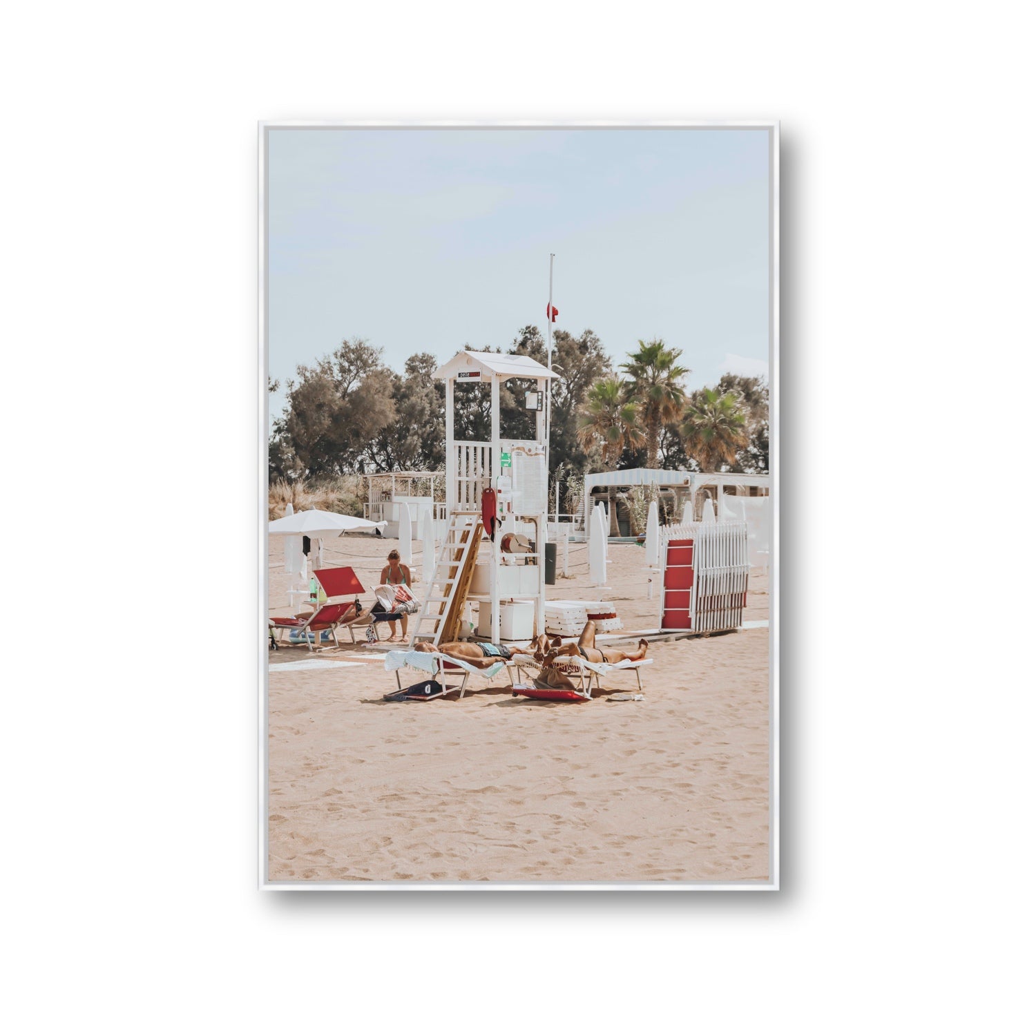 Red Lounge Reverie Puglia beach coastal wall art Gallery fine art canvas in white float frame