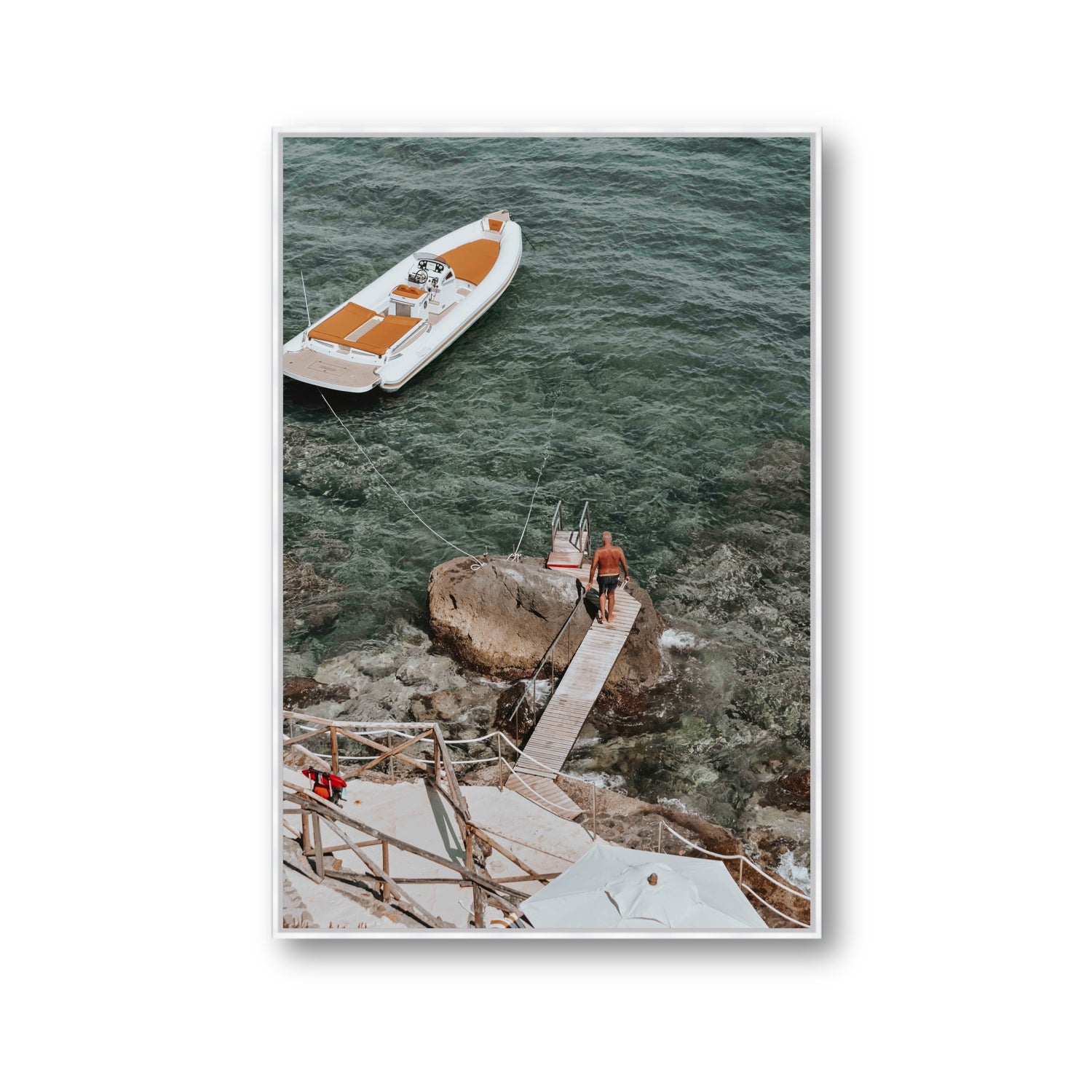 Secret Cove Tuscany coastal Italian wall art Gallery fine art canvas in white float frame