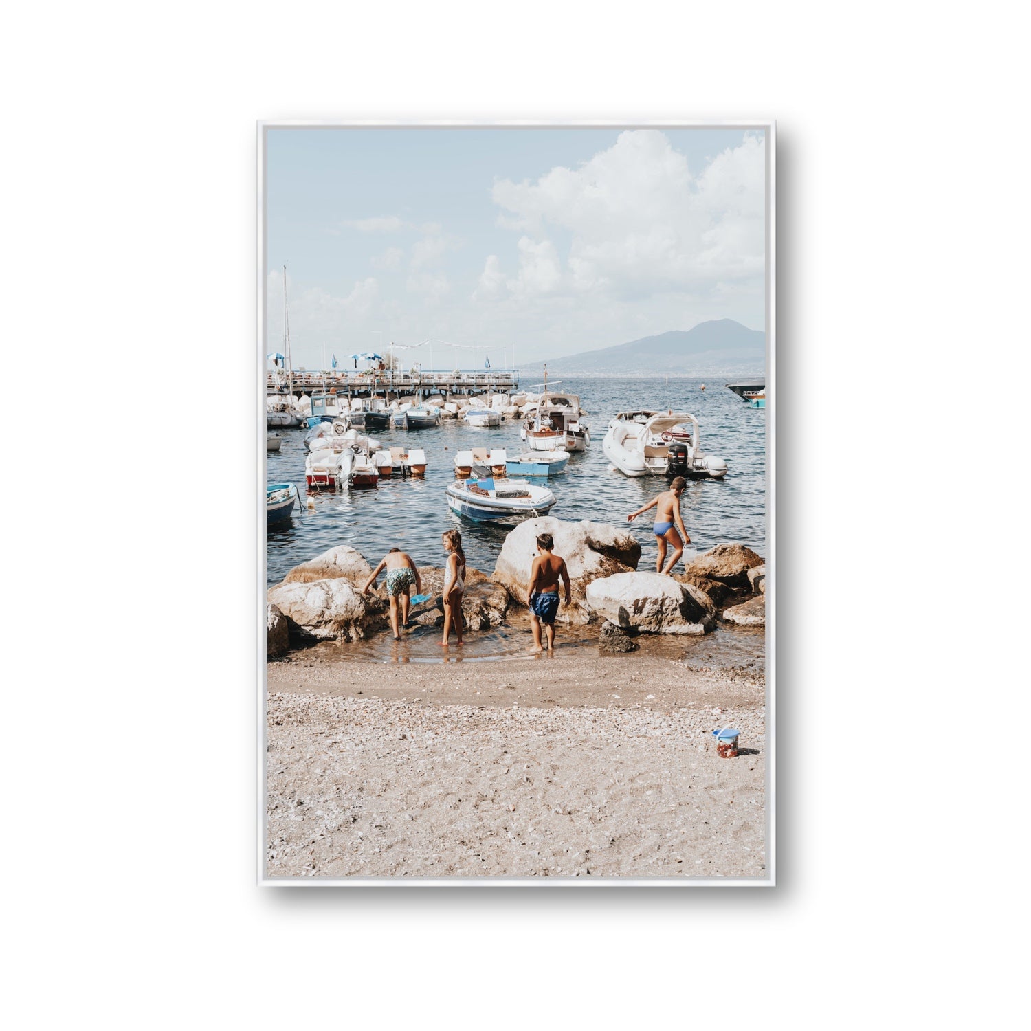 Searching For Treasures Sorrento coastal wall art Gallery fine art canvas in white float frame
