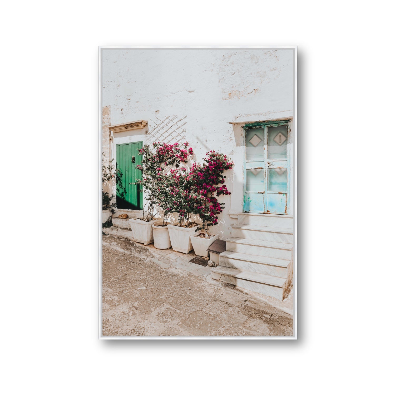 Floral Canvas Puglia Ostuni wall art Gallery fine art canvas in white float frame
