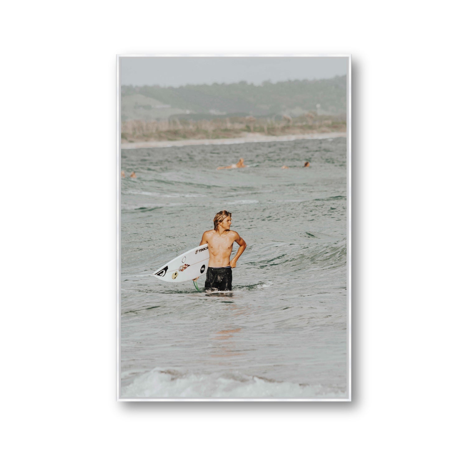 Chasing Mavericks Byron Bay Surf coastal wall art Gallery fine art canvas in white float frame