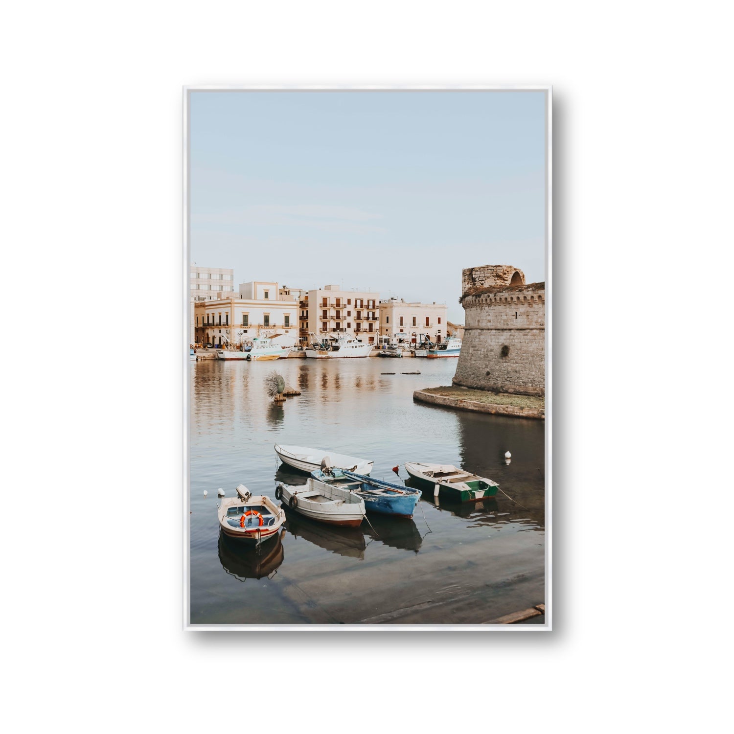 Gallipoli Harbour Puglia coastal wall art Gallery fine art canvas in white float frame