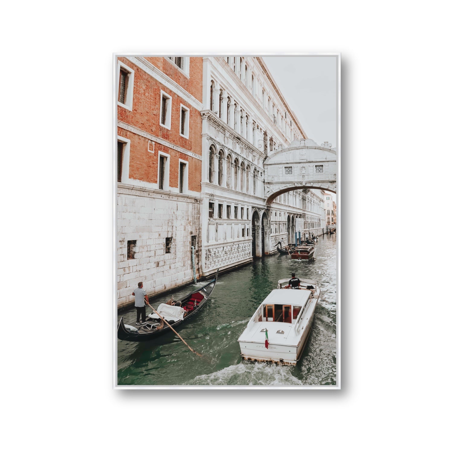 Under the Bridge Venice Gondola Italian wall art Gallery fine art canvas in white float frame