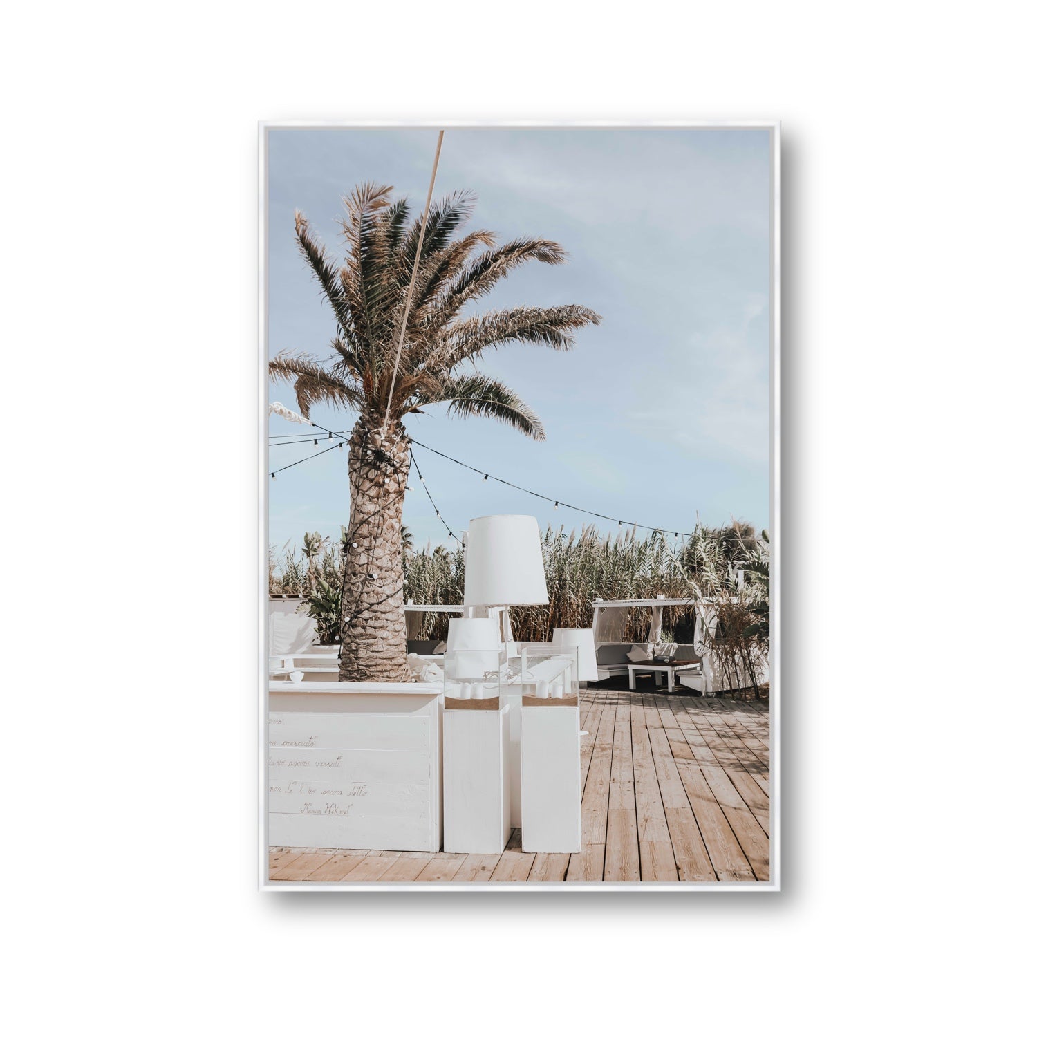 Seabreeze Palm Puglia coastal beach wall art Gallery fine art canvas in white float frame