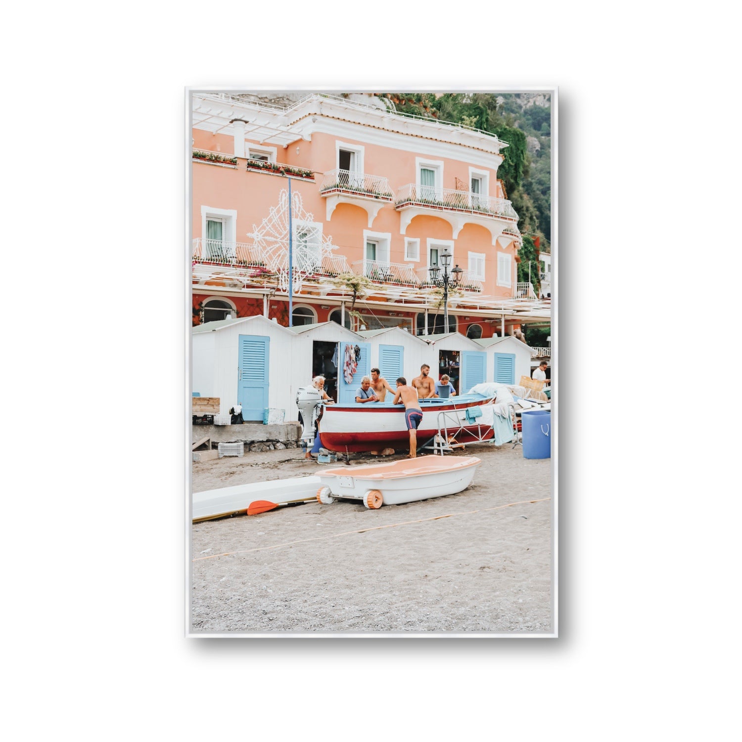 La Riunione della Mattina fine art print, Positano, Italy, Gallery, White Float Frame, Fine Art Canvas