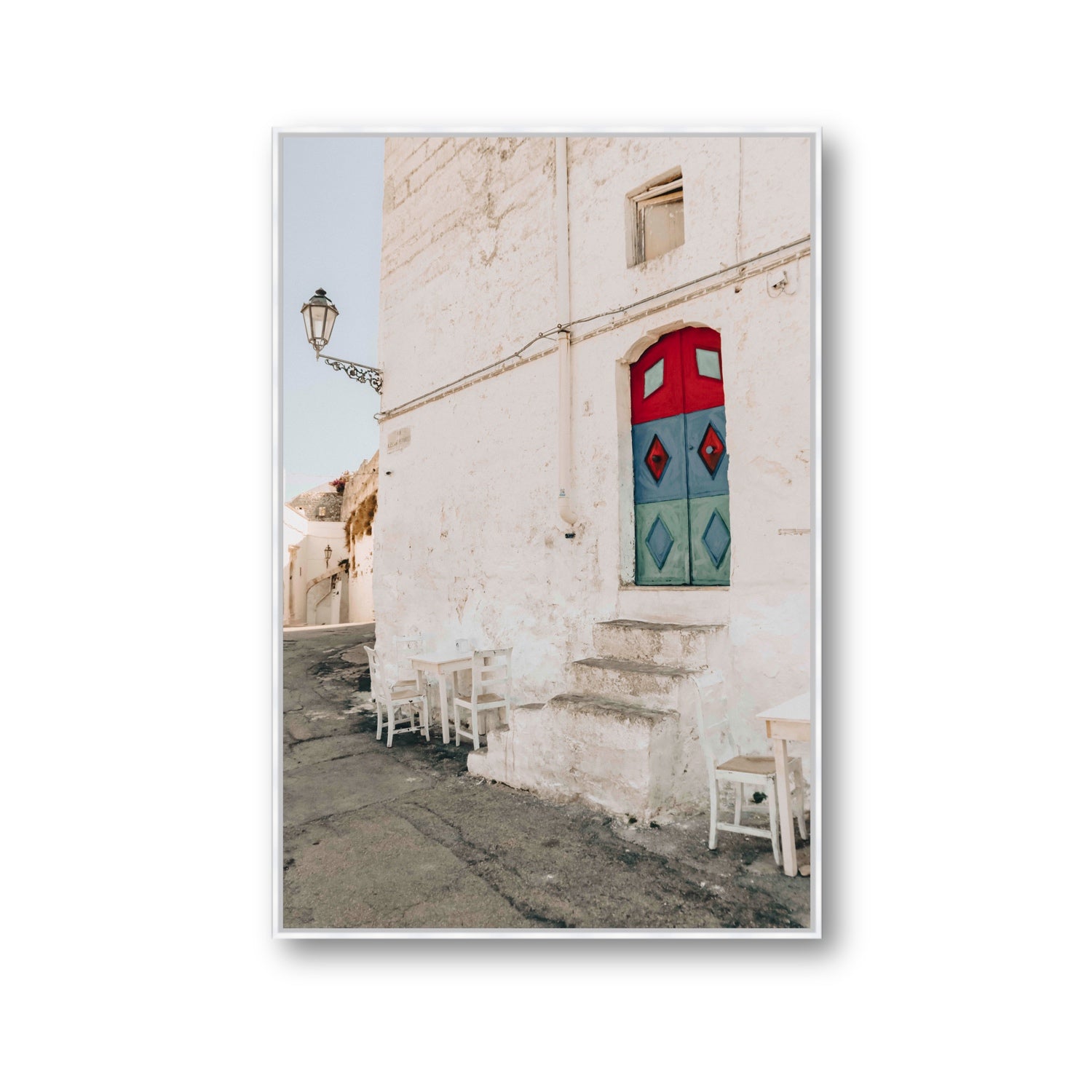 Doorway Delight Puglia Ostuni wall art Gallery fine art canvas in white float frame