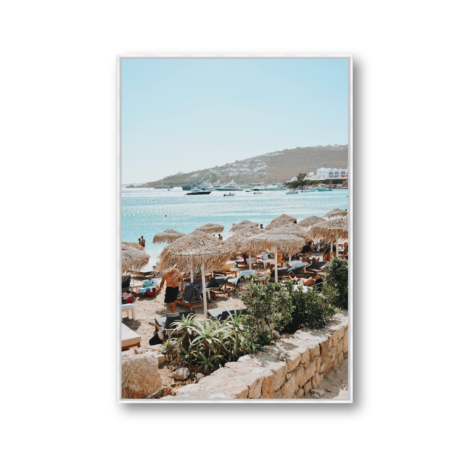 Beachside Huts Mykonos Greek island wall art Gallery fine art canvas in white float frame