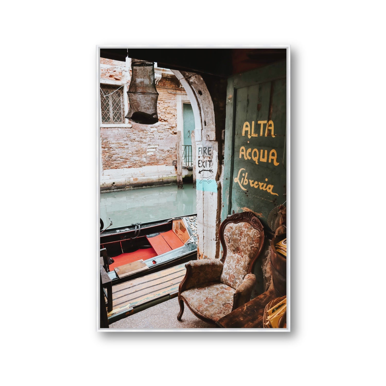 Alta Acqua Venice Bookstore wall art Gallery fine art canvas in white float frame