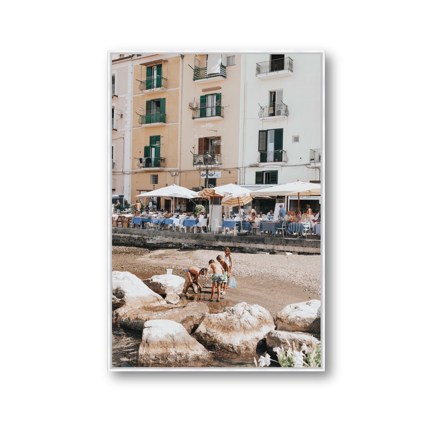 Sunny Playtime Sorrento coastal wall art Gallery fine art canvas in white float frame