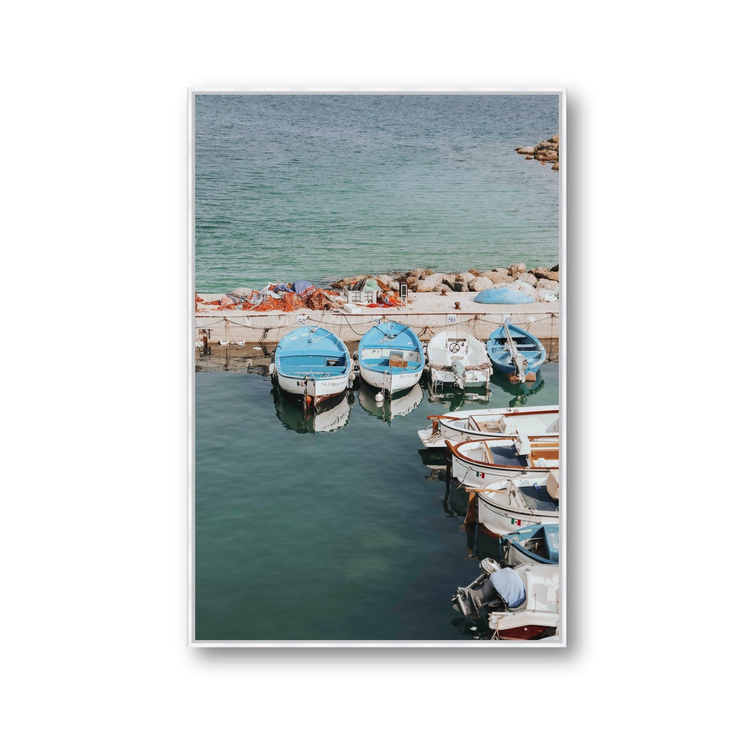 Maritime Memories Puglia Harbour Reflections coastal wall art Gallery fine art canvas in white float frame