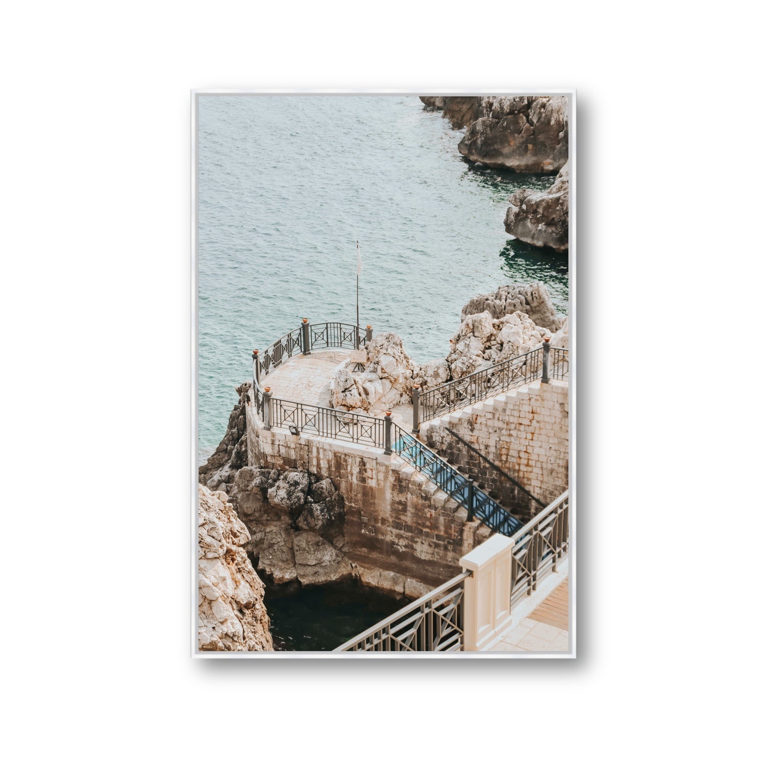 Tidal Staircase Puglia coastal Italian wall art Gallery fine art canvas in white float frame