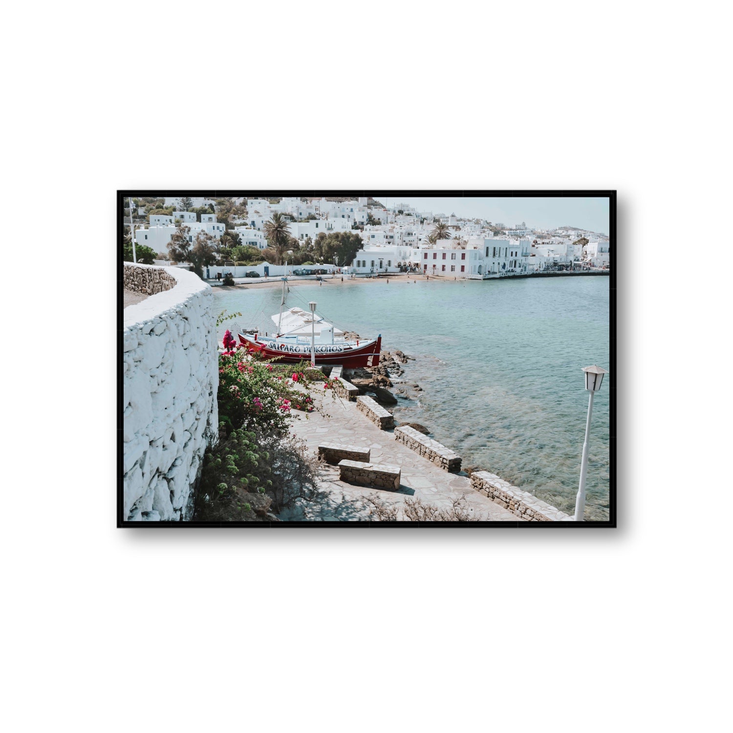 Harika Mykonos Greek island wall art Giant fine art canvas in black float frame