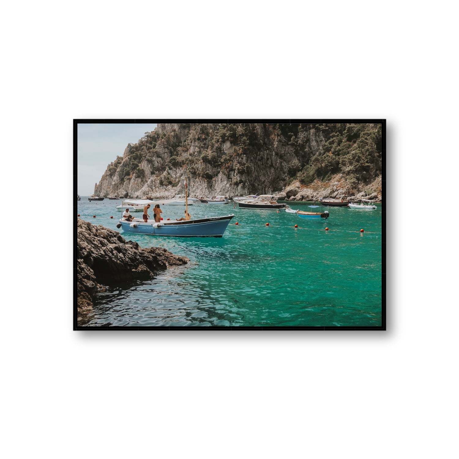 Cozy Cove Capri coastal Mediterranean wall art Giant fine art canvas in black float frame