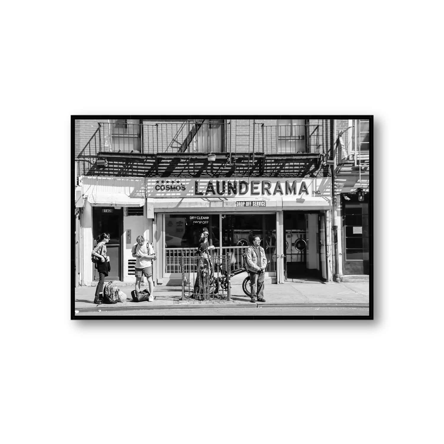 Launderama New York NYC Black & White wall art Giant fine art canvas in black float frame