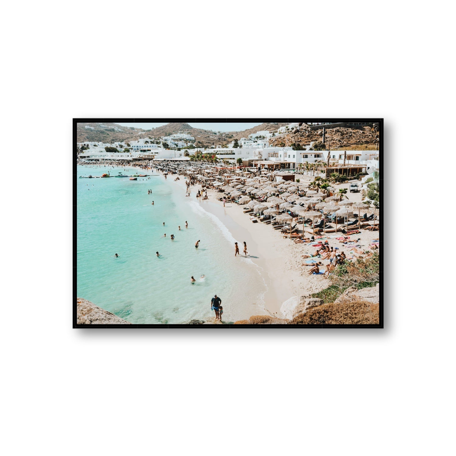 Aquaholic Mykonos Greek island wall art Giant fine art canvas in black float frame