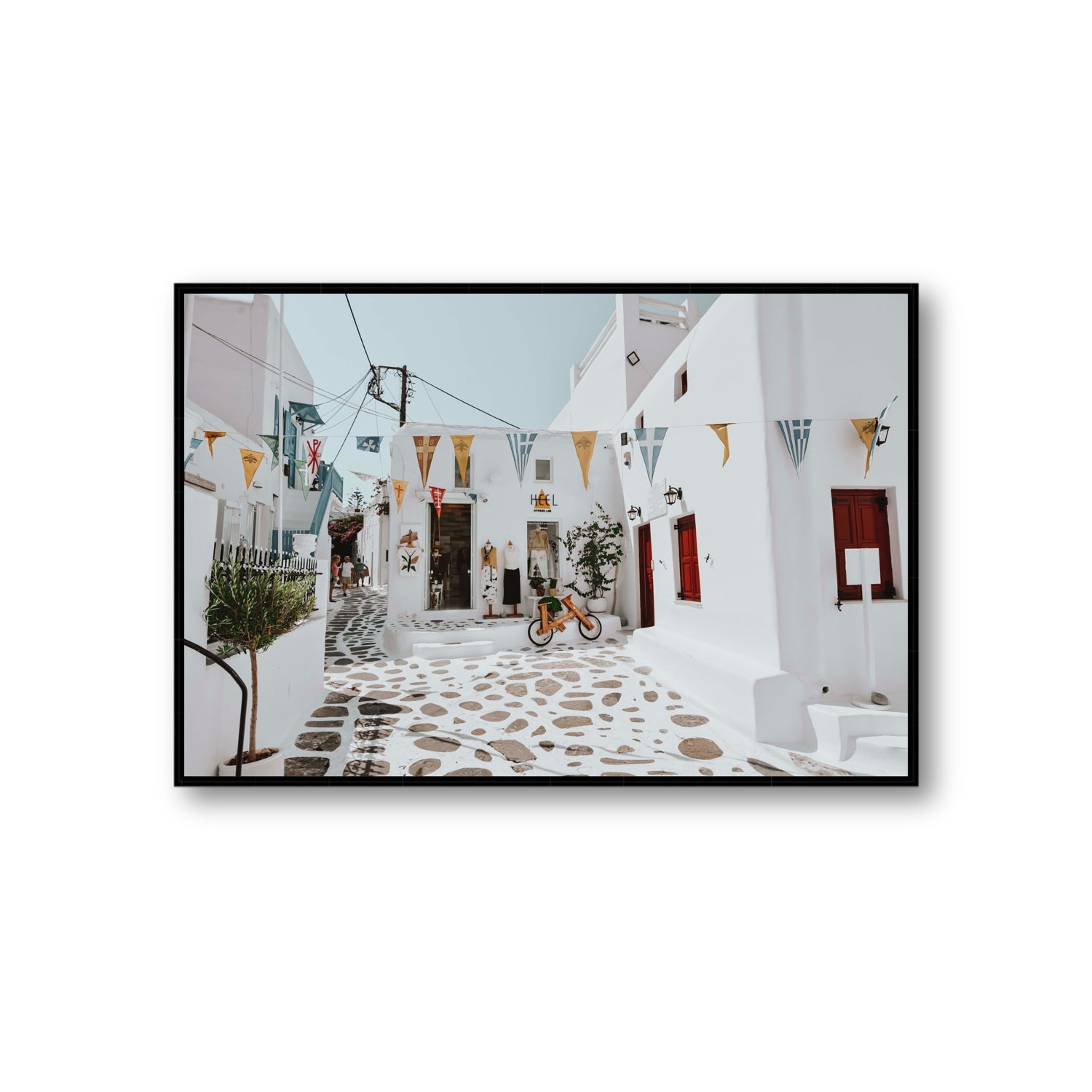 Cruising The Streets Mykonos Greek island wall art Giant fine art canvas in black float frame