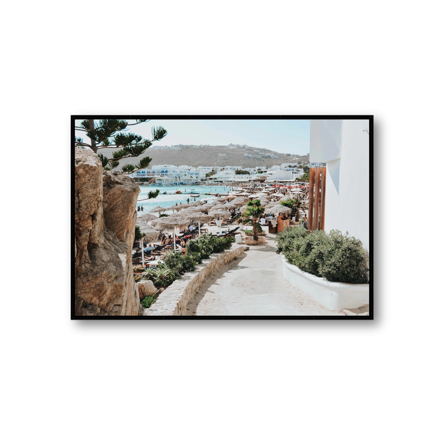 Kalimera Mykonos Greek island wall art Giant fine art canvas in black float frame